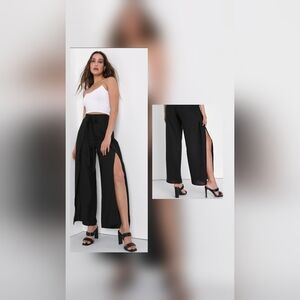 Lulu's SZ L Black Bright & Breezy Tie Front Culotte Wide Leg Side Slit Pants